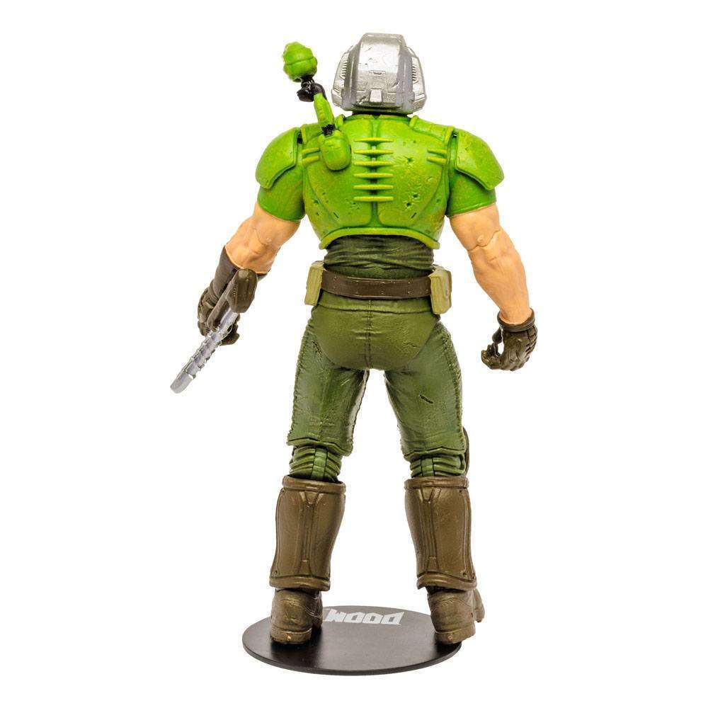 Back view of the 18 cm McFarlane Doom Eternal Classic Doom Slayer action figure in green armor with a shoulder grenade.