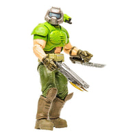 McFarlane Doom Eternal Classic Doom Slayer action figure in green armor with a silver shotgun, side view.