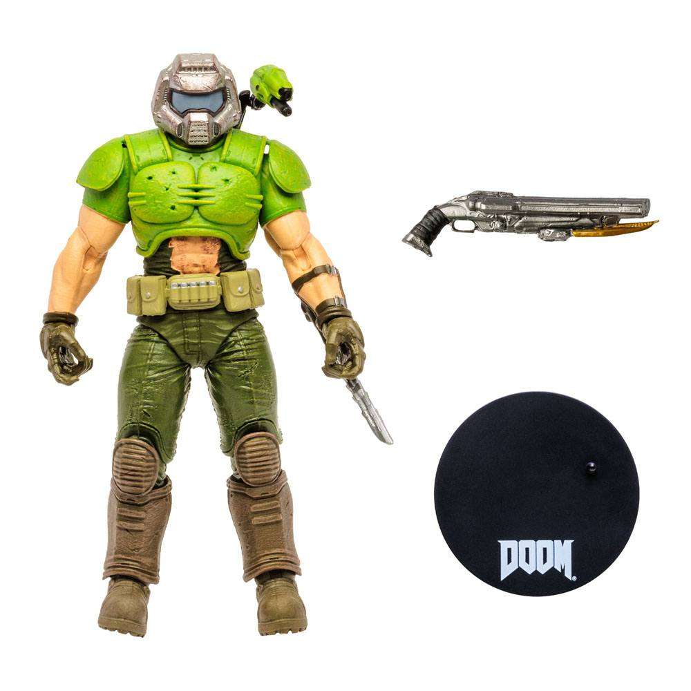 McFarlane Doom Eternal Classic Doom Slayer action figure with green armor, shotgun, and branded display stand.