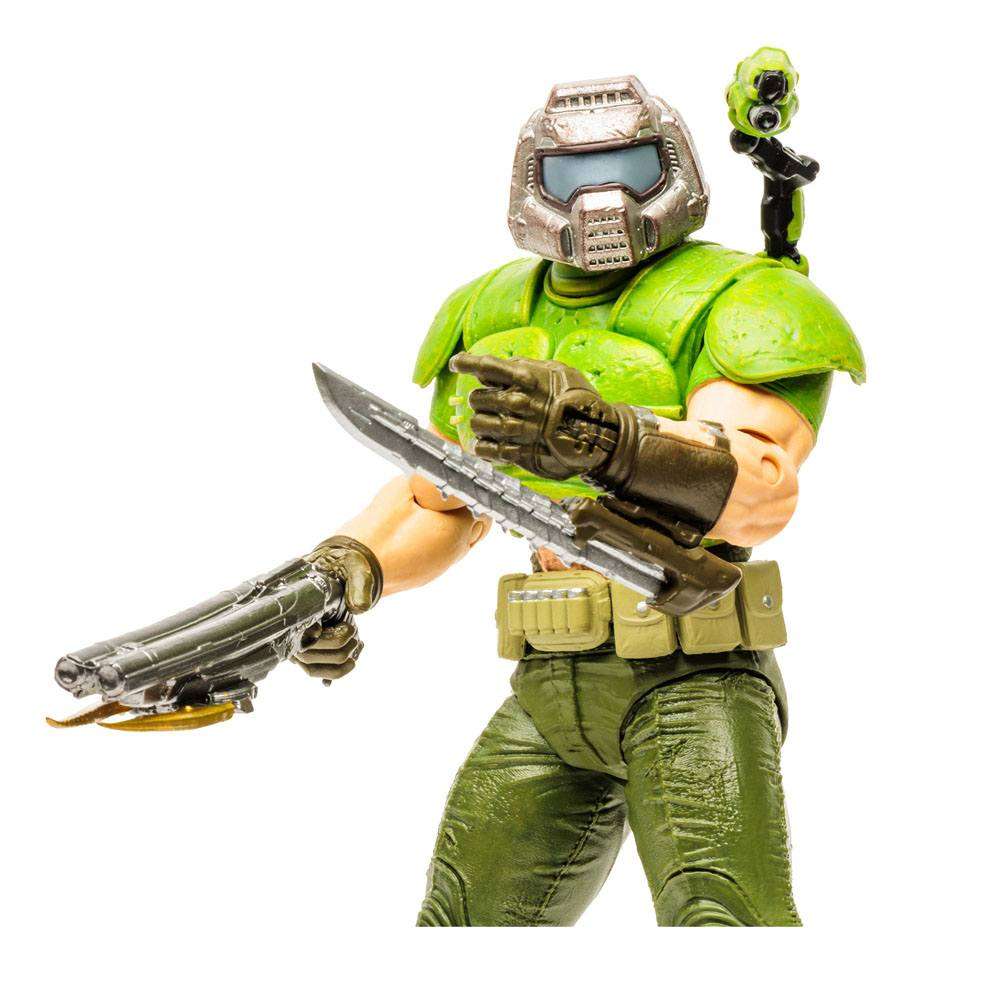 McFarlane Doom Eternal Classic Doom Slayer action figure in green armor, holding a combat knife and shotgun.