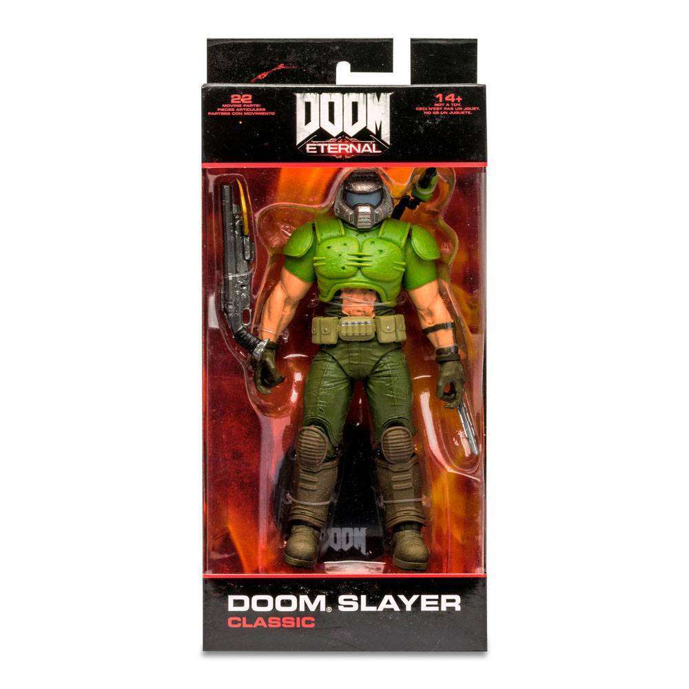 McFarlane Doom Eternal Classic Doom Slayer action figure in green armor, displayed in its original retail packaging.