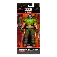McFarlane Doom Eternal Classic Doom Slayer action figure in green armor, displayed in its original retail packaging.