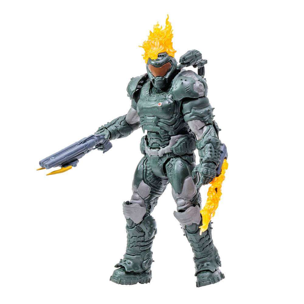 McFarlane Doom Eternal Doom Slayer Ember Skin action figure with flaming head, grey armor, and weapon in front view.