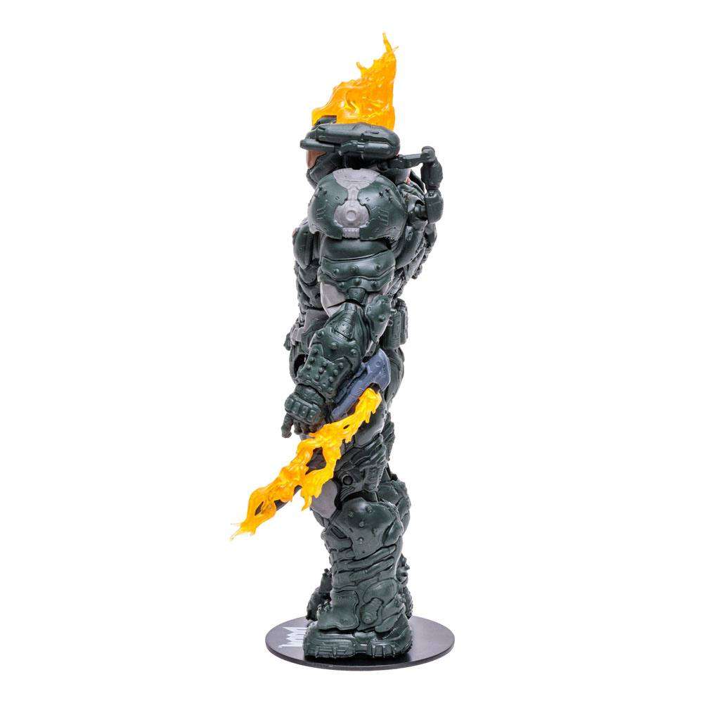 Side view of 18 cm McFarlane Doom Eternal Doom Slayer Ember skin figure with translucent orange flame effects.