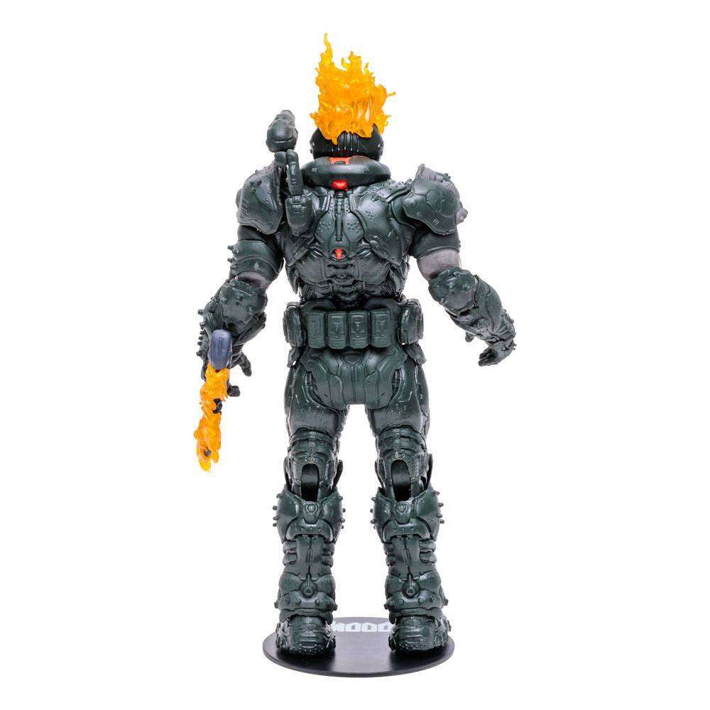 Back view of the 18 cm McFarlane Doom Eternal Doom Slayer Ember skin figure with flaming head and weapon details.