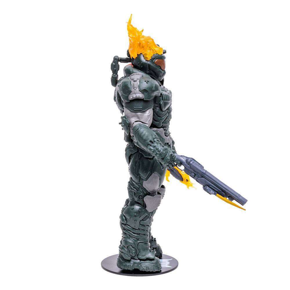 Side view of McFarlane Doom Eternal Doom Slayer Ember Skin action figure with translucent orange flame effects.