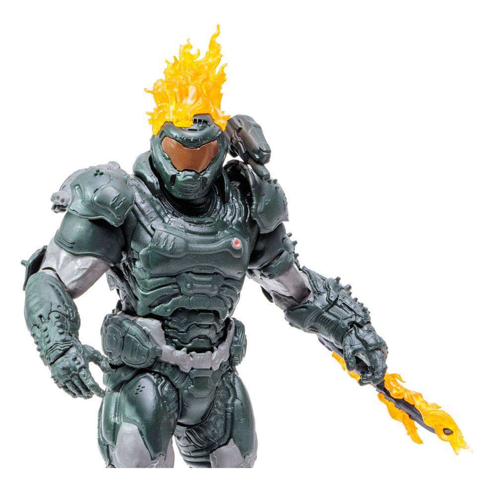 McFarlane Doom Eternal Doom Slayer Ember Skin action figure with translucent orange flame effects on head and blade.