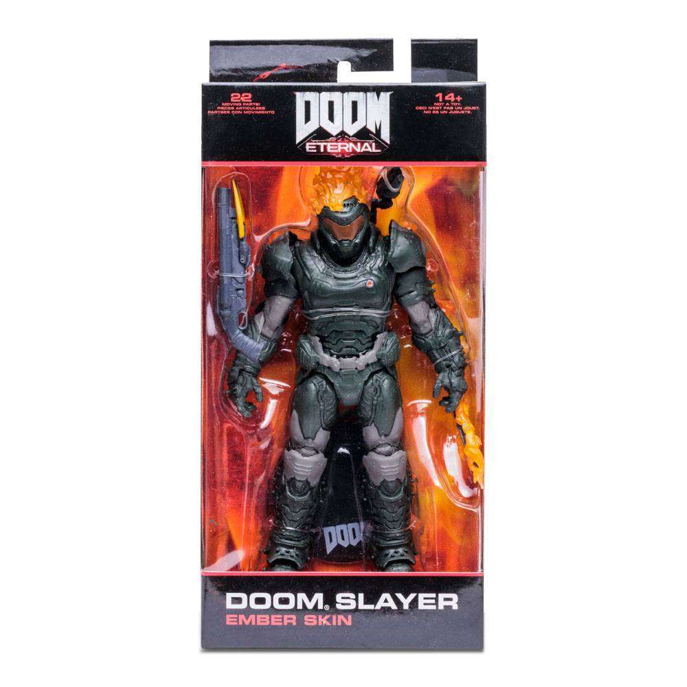 McFarlane Doom Eternal Doom Slayer Ember Skin action figure in window box packaging with fiery helmet detail.