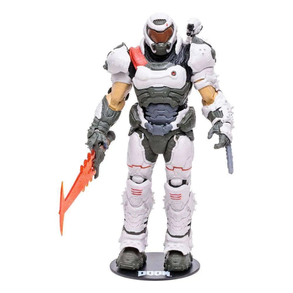 McFarlane Doom Eternal Doom Slayer action figure in white armor with an orange energy blade, front view on a stand.