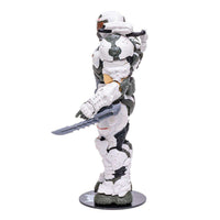 Side view of the 18 cm McFarlane Doom Eternal Doom Slayer action figure in white armor holding a blade.