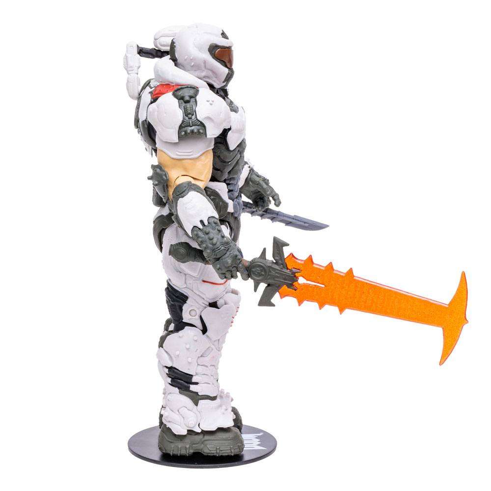 Side view of the 18 cm McFarlane Doom Eternal Doom Slayer action figure in white armor holding an orange energy sword.