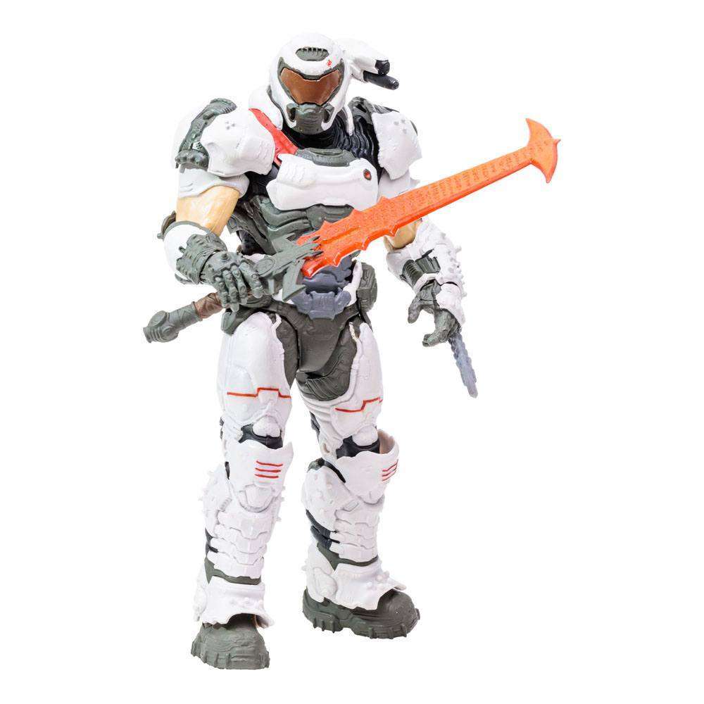 McFarlane Doom Eternal Doom Slayer action figure in white armor holding an orange energy blade, front view.