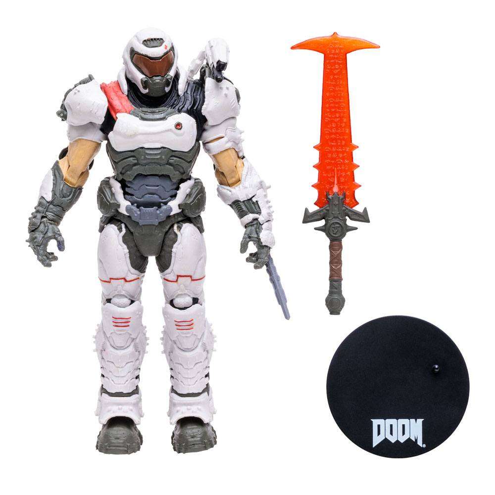 McFarlane Doom Eternal Doom Slayer action figure in white armor with an orange energy sword and black display stand.