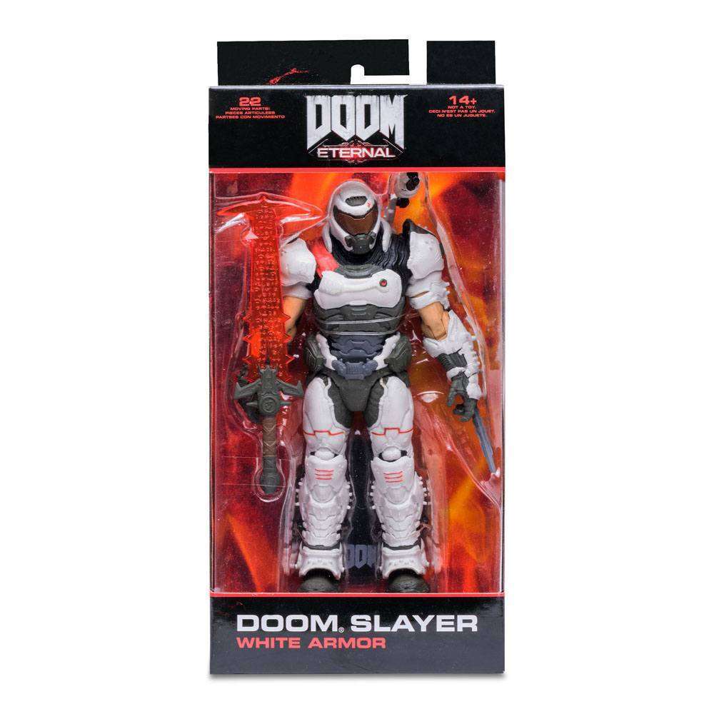 McFarlane Doom Eternal Doom Slayer action figure in white armor, displayed inside its original collector packaging.
