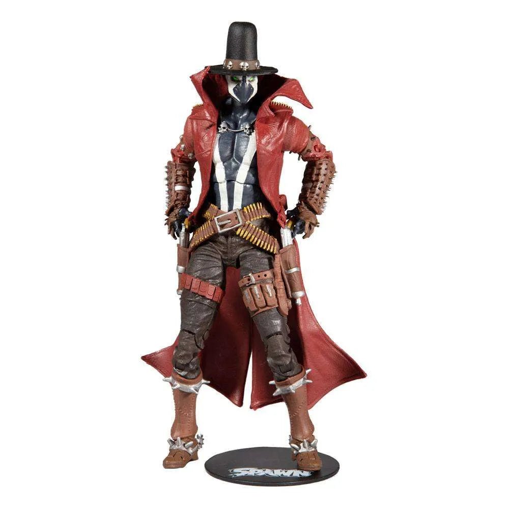 McFarlane Gunslinger Spawn 18 cm action figure wearing a red duster, cowboy hat, and spiked armor on a black base.