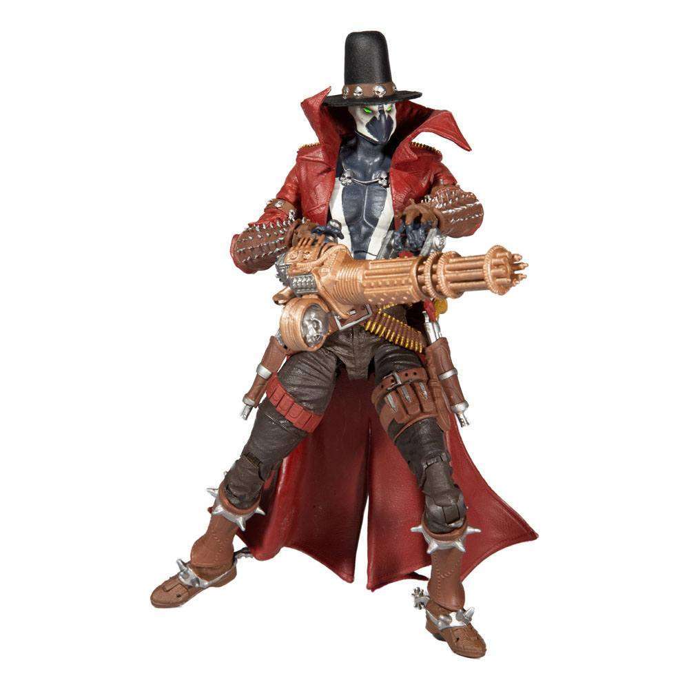 McFarlane Gunslinger Spawn 18 cm action figure in a red duster and hat, holding a gold Gatling gun, front view.
