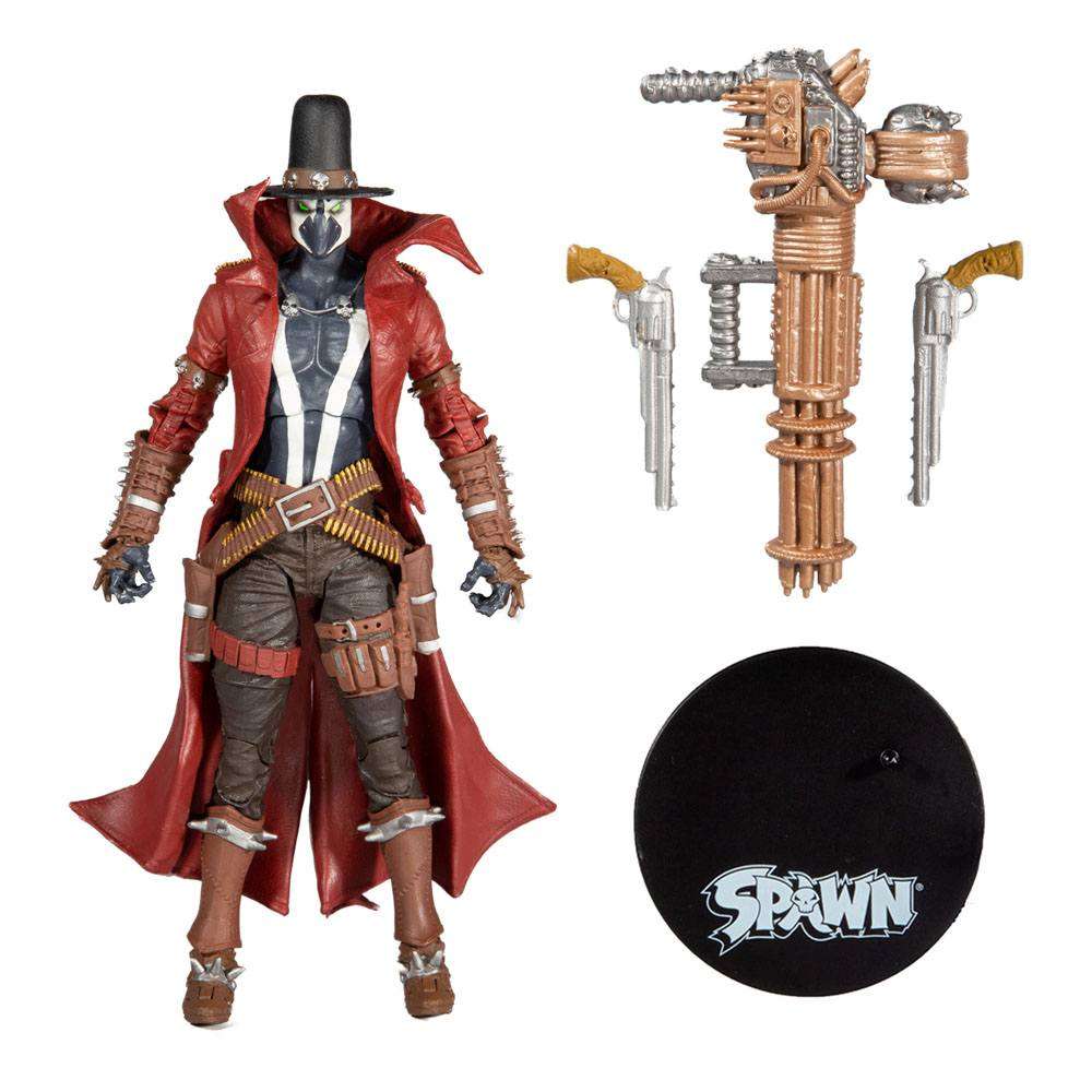McFarlane Gunslinger Spawn 18 cm action figure in a red coat with a Gatling gun, two pistols, and a branded display base.