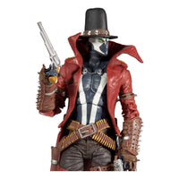 McFarlane Gunslinger Spawn action figure in a red duster coat, black hat, and spiked gauntlets holding a silver pistol.