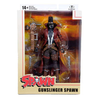 McFarlane Gunslinger Spawn 18 cm action figure in packaging, featuring a red duster, cowboy hat, and large Gatling gun.