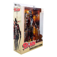 McFarlane Gunslinger Spawn 18 cm action figure in collector packaging with Gatling gun accessory, front-side view.