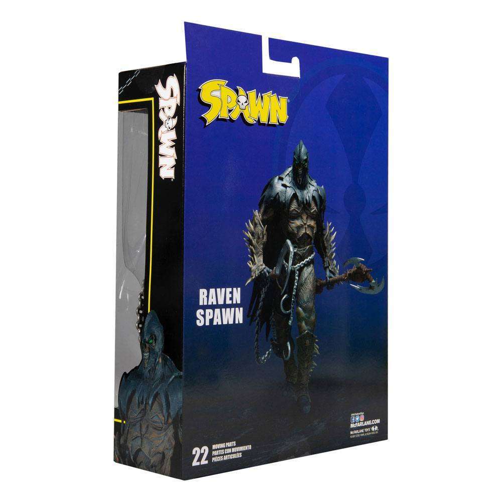 McFarlane Raven Spawn 18 cm action figure in blue-themed collector packaging, showing the front and side view.