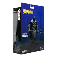 McFarlane Raven Spawn 18 cm action figure in blue-themed collector packaging, showing the front and side view.