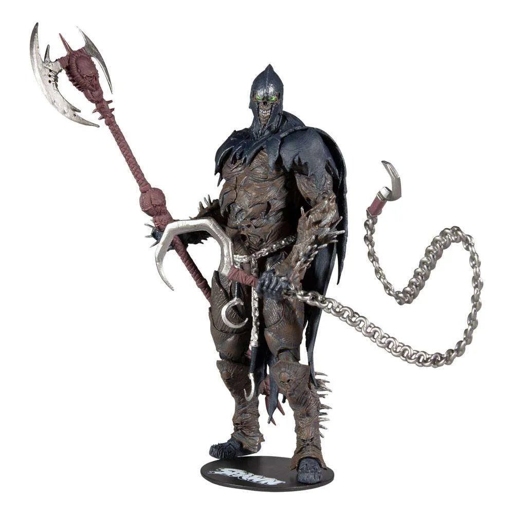 McFarlane Raven Spawn 18 cm action figure holding a large axe and chain, featuring a skull mask and dark textured armor.
