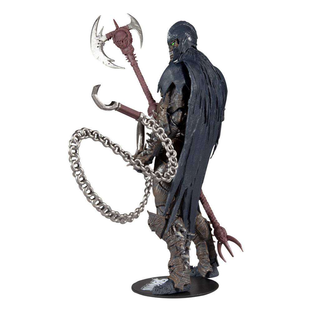 Side view of 18 cm McFarlane Raven Spawn action figure with a dark cape, spiked armor, and a large metal chain weapon.