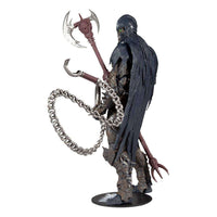 Side view of 18 cm McFarlane Raven Spawn action figure with a dark cape, spiked armor, and a large metal chain weapon.