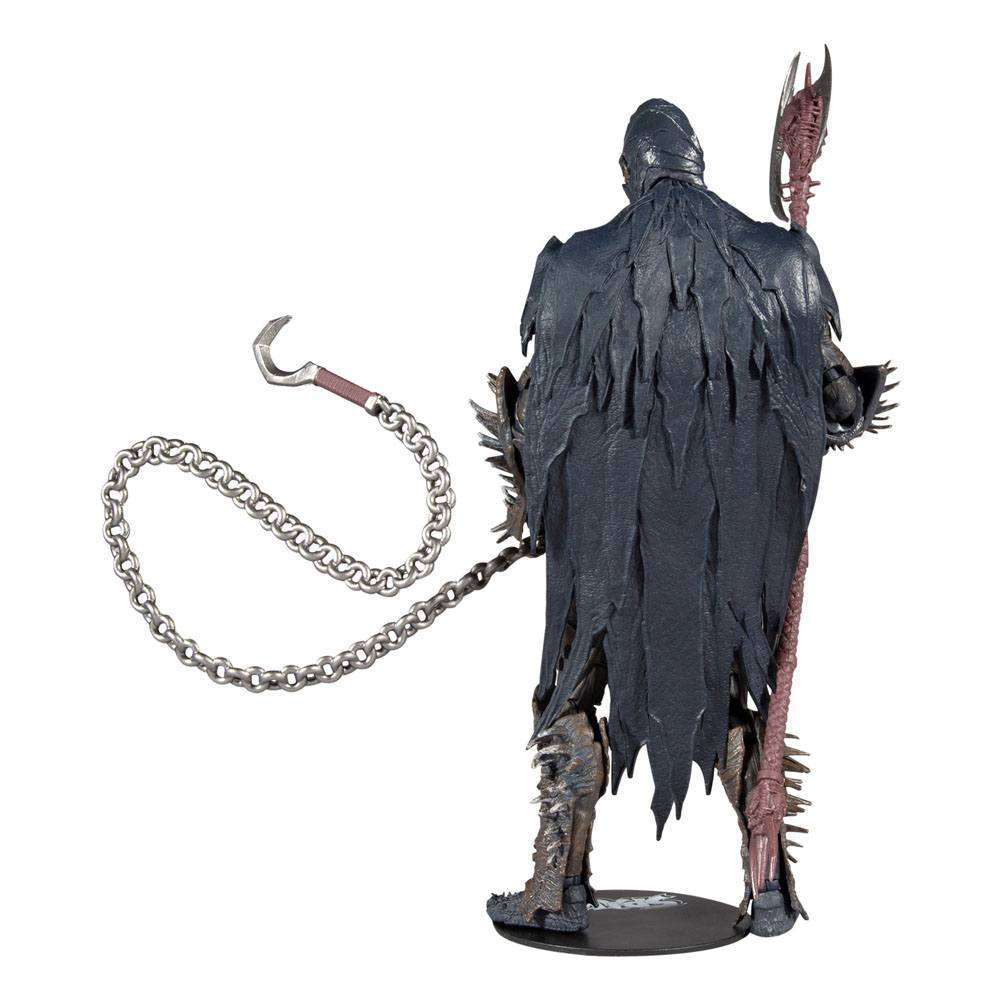 Back view of 18 cm McFarlane Raven Spawn action figure with tattered dark cape, spiked armor, and a metal chain weapon.