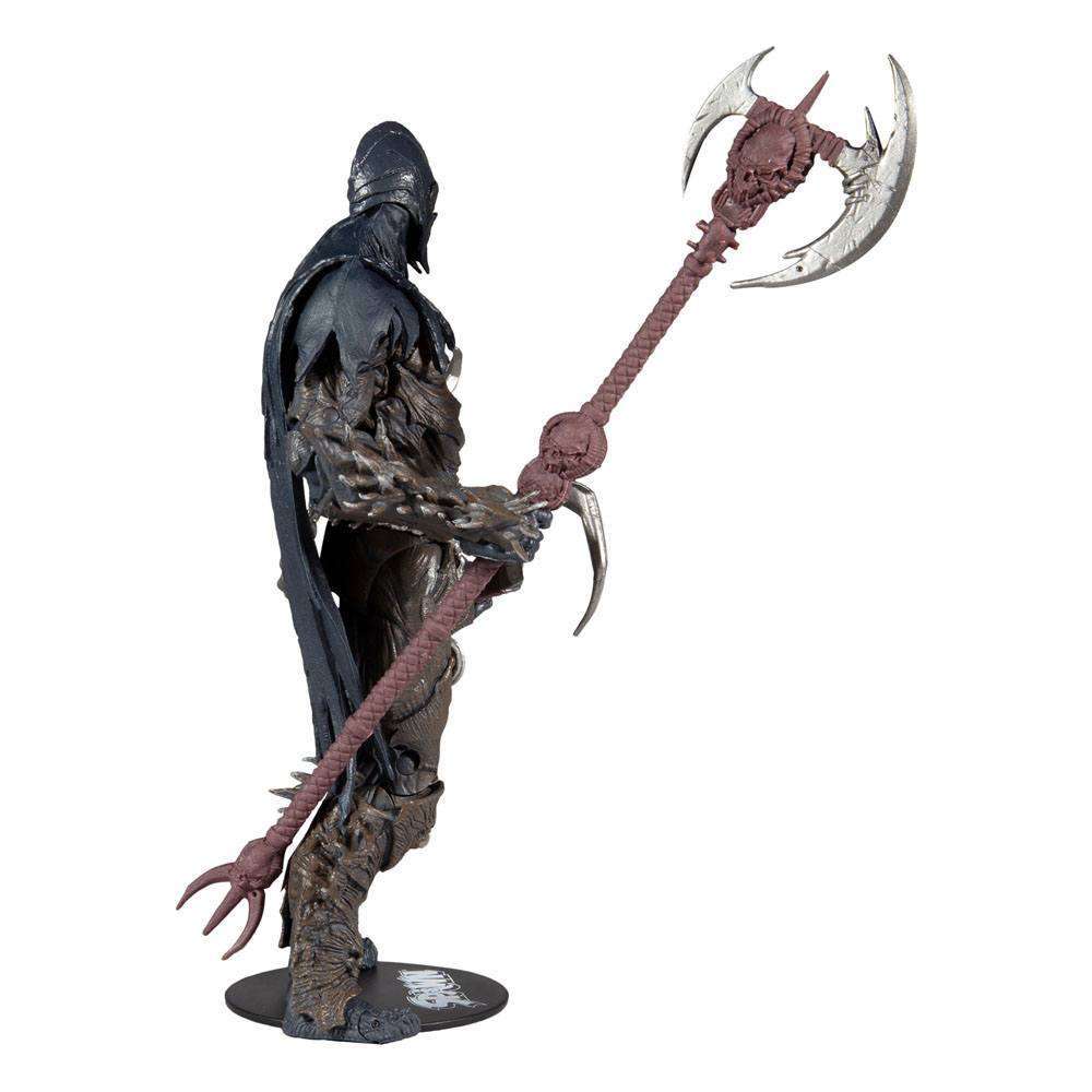 Side view of 18 cm McFarlane Raven Spawn action figure holding a large, detailed silver and brown battle axe.