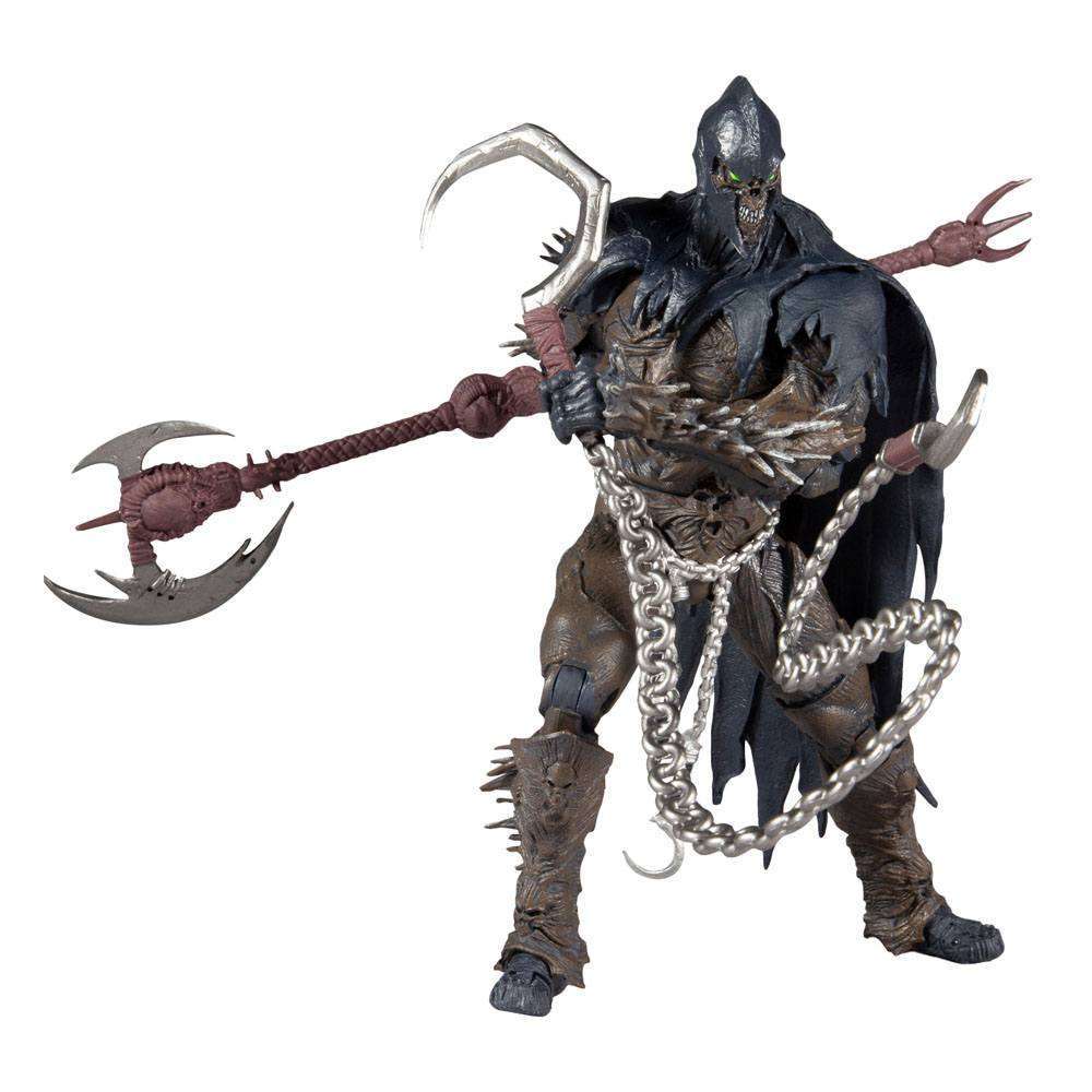 McFarlane Raven Spawn 18 cm action figure holding a large bladed weapon with a silver chain and tattered dark cape.