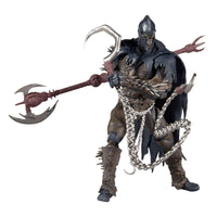 McFarlane Raven Spawn 18 cm action figure holding a large bladed weapon with a silver chain and tattered dark cape.