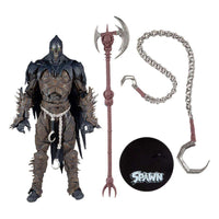 McFarlane Raven Spawn 18 cm action figure with skull mask, dark armor, spiked gauntlets, spear, chain weapon, and base.