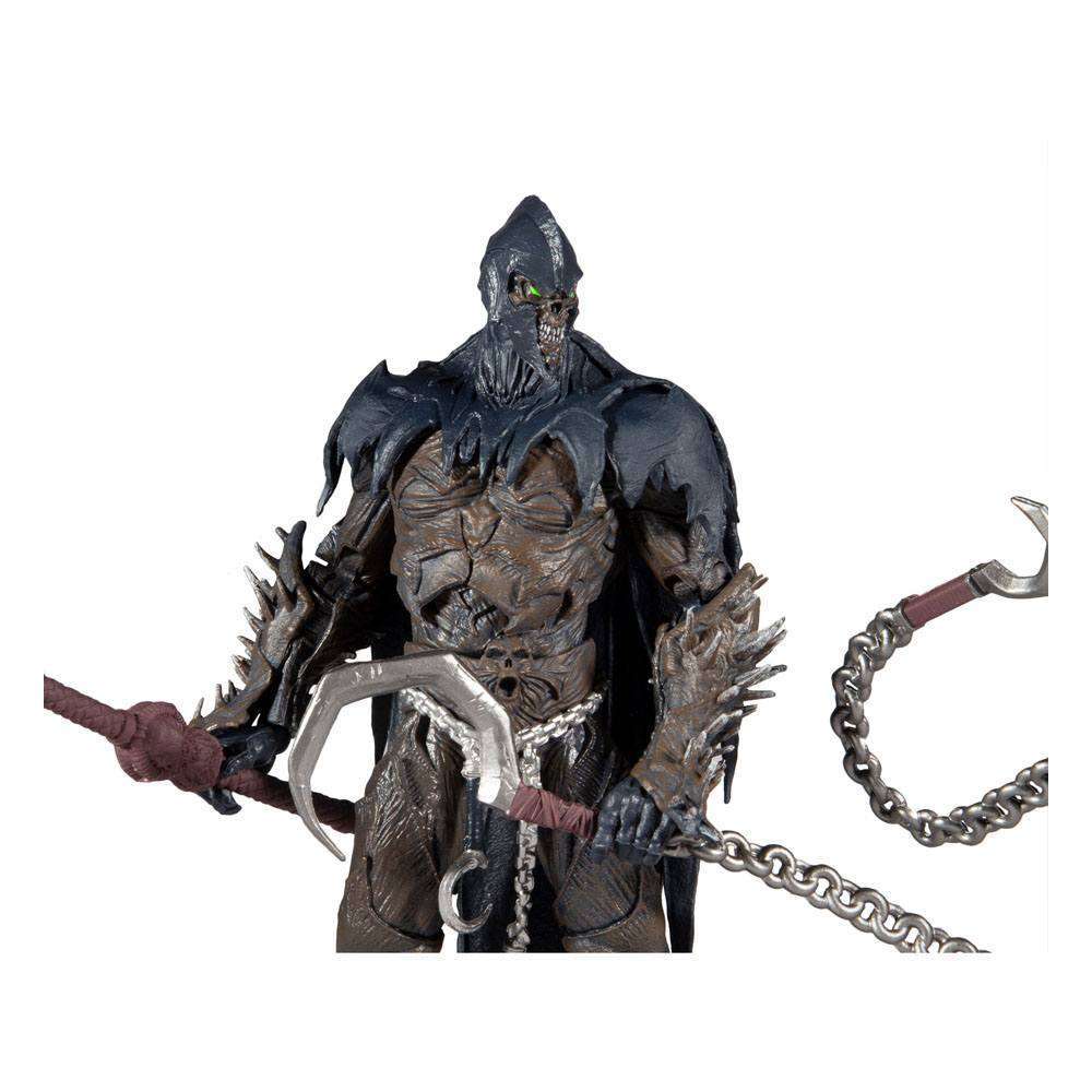 McFarlane Raven Spawn 18 cm action figure in a front view, featuring a dark hooded skull mask and spiked armor.