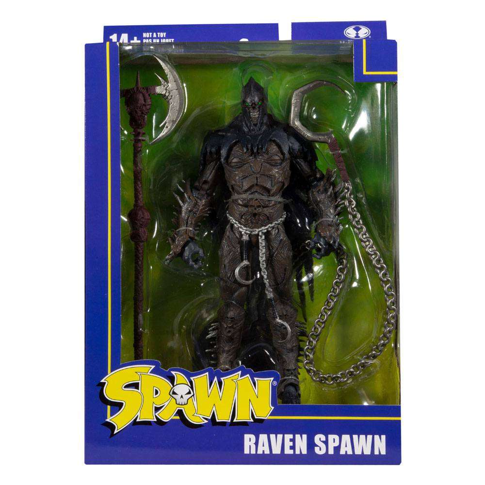 McFarlane Raven Spawn 18 cm action figure in blue collector packaging with staff and chain accessories.