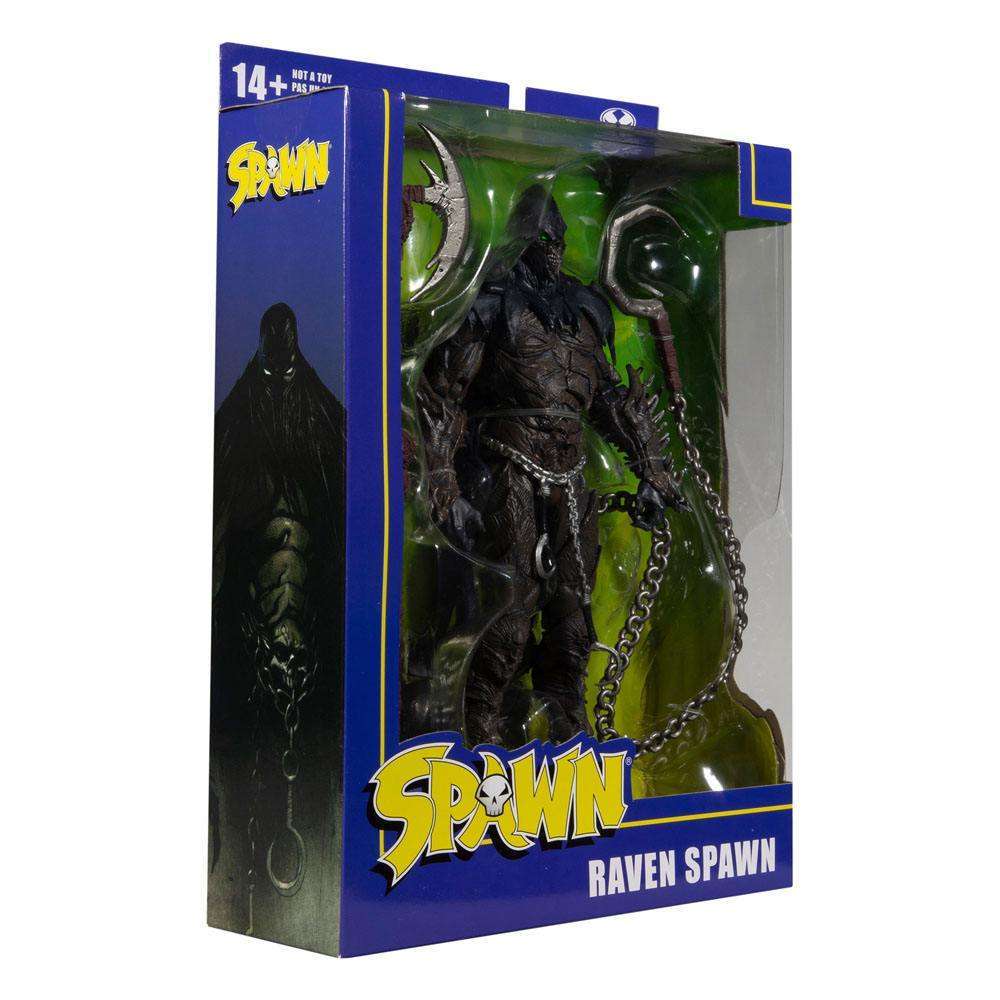 McFarlane Raven Spawn 18 cm action figure in collector packaging with dark textured armor and chain accessories.