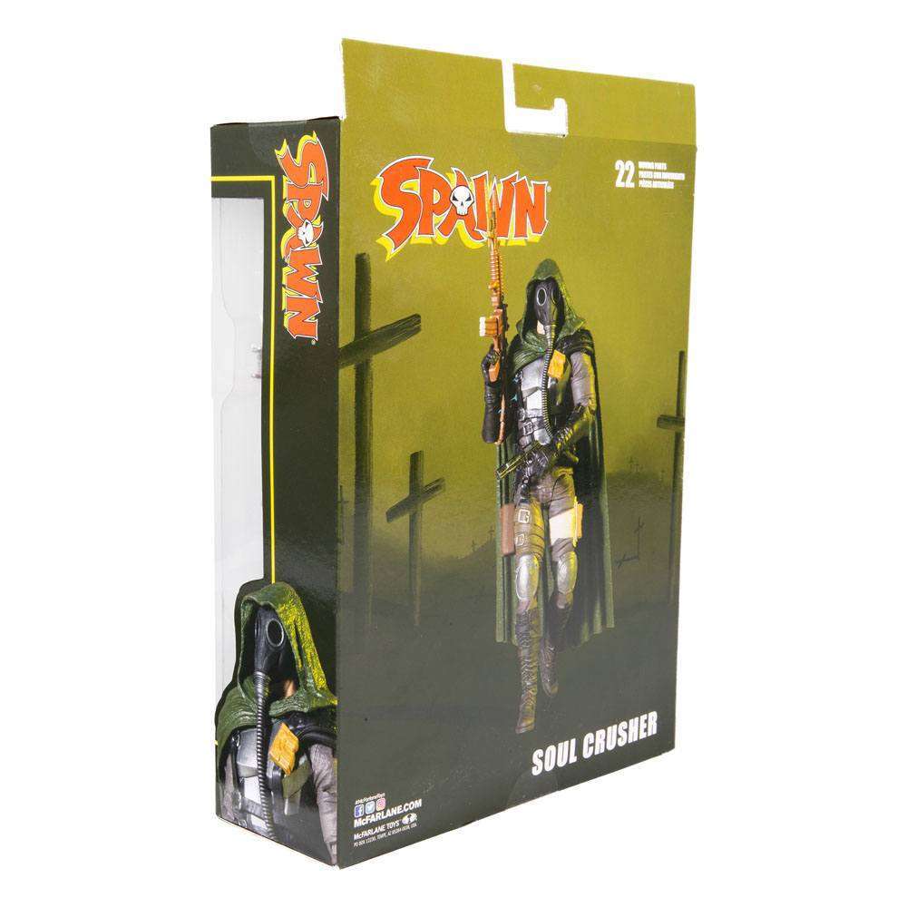 McFarlane Spawn Soul Crusher 18 cm action figure in its original green-themed collector packaging, side view.