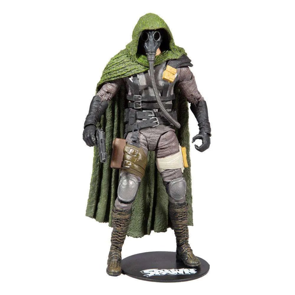 McFarlane Spawn Soul Crusher action figure in a front view, wearing a green hooded cloak, gas mask, and tactical gear.