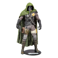 McFarlane Spawn Soul Crusher action figure in a front view, wearing a green hooded cloak, gas mask, and tactical gear.