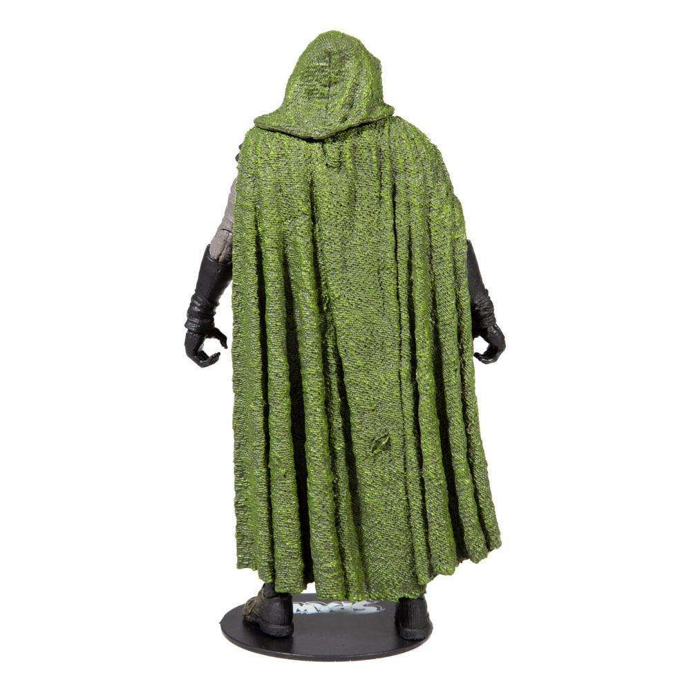 Back view of 18 cm McFarlane Spawn Soul Crusher figure wearing a textured green hooded cape on a black display stand.