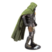 Side view of McFarlane Spawn Soul Crusher 18 cm action figure wearing a textured green hooded cape and tactical gear.