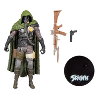 McFarlane Spawn Soul Crusher 18 cm action figure with green hooded cape, gas mask, two weapons, and display stand.