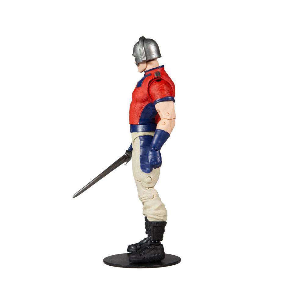 Side view of 18 cm McFarlane Suicide Squad Peacemaker action figure in a red shirt, blue gloves, and silver helmet.