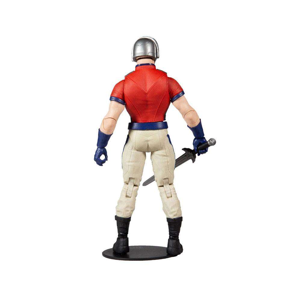 Back view of 18 cm McFarlane Suicide Squad Peacemaker action figure in red shirt, white pants, and silver helmet.