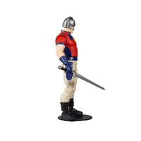 Side view of 18 cm McFarlane Peacemaker action figure in red, blue, and cream uniform with a silver helmet and sword.
