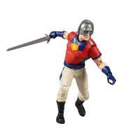 McFarlane Suicide Squad Peacemaker 18 cm action figure in a dynamic pose, wearing his iconic silver helmet and uniform.