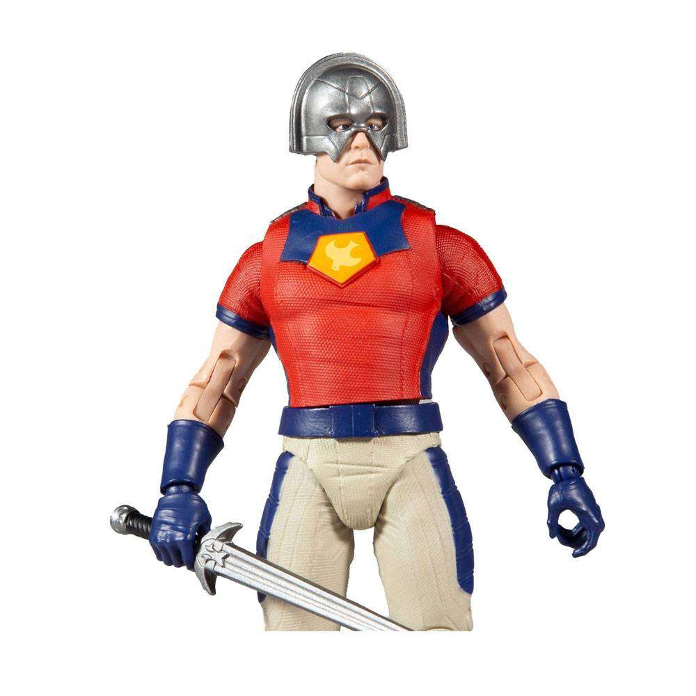 McFarlane Suicide Squad Peacemaker 18 cm action figure in a red and blue uniform with a silver helmet and sword.