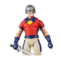 McFarlane Suicide Squad Peacemaker 18 cm action figure in a red and blue uniform with a silver helmet and sword.