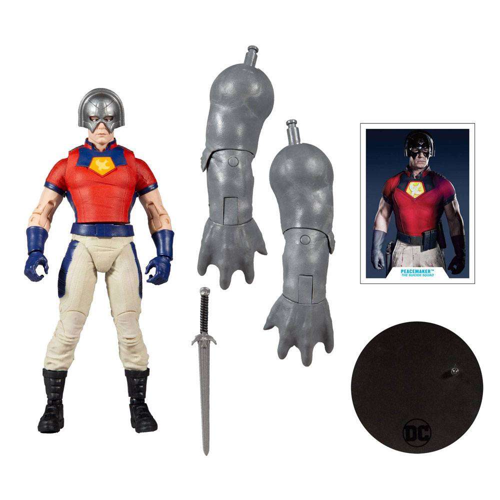 McFarlane Suicide Squad Peacemaker 18 cm action figure with accessories, build-a-figure parts, and display stand.